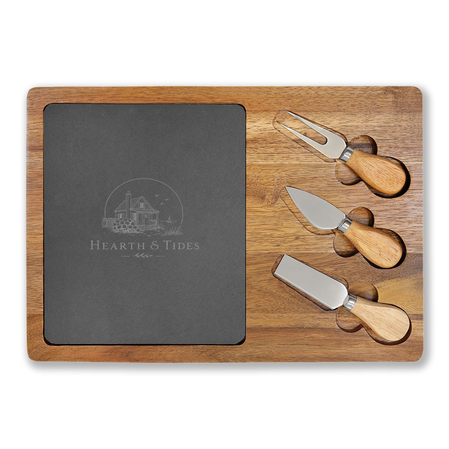 Engraved Acacia Charcuterie Board with Slate Insert & Cheese Tools